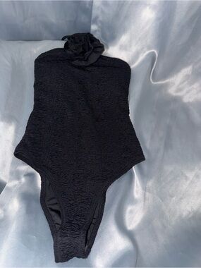 Mango Black Texture One-Piece with Rose Detail